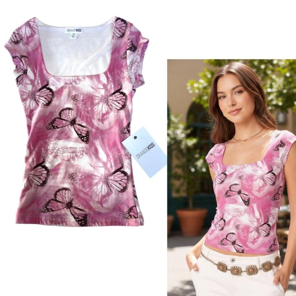 Y2K PINK BUTTERFLY GRAPHIC TOP SHIRT X SMALL NWT - Picture 1 of 3